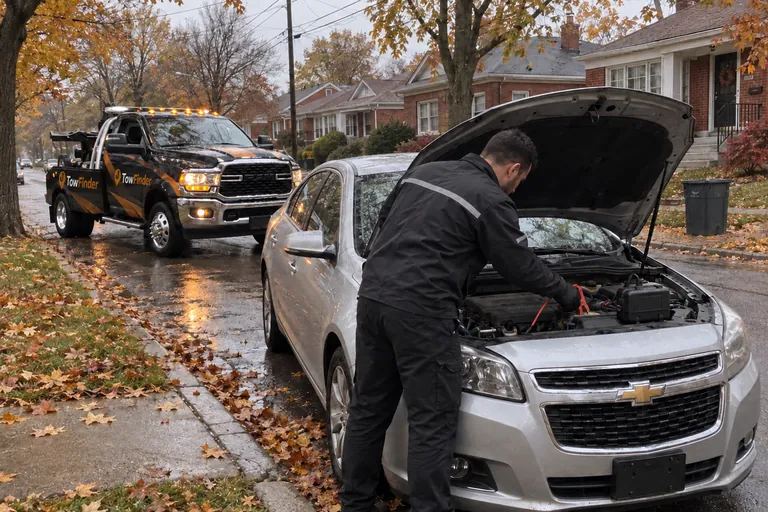 TowFinder driver jump-starting a silver sedan on a Dearborn street in the fall