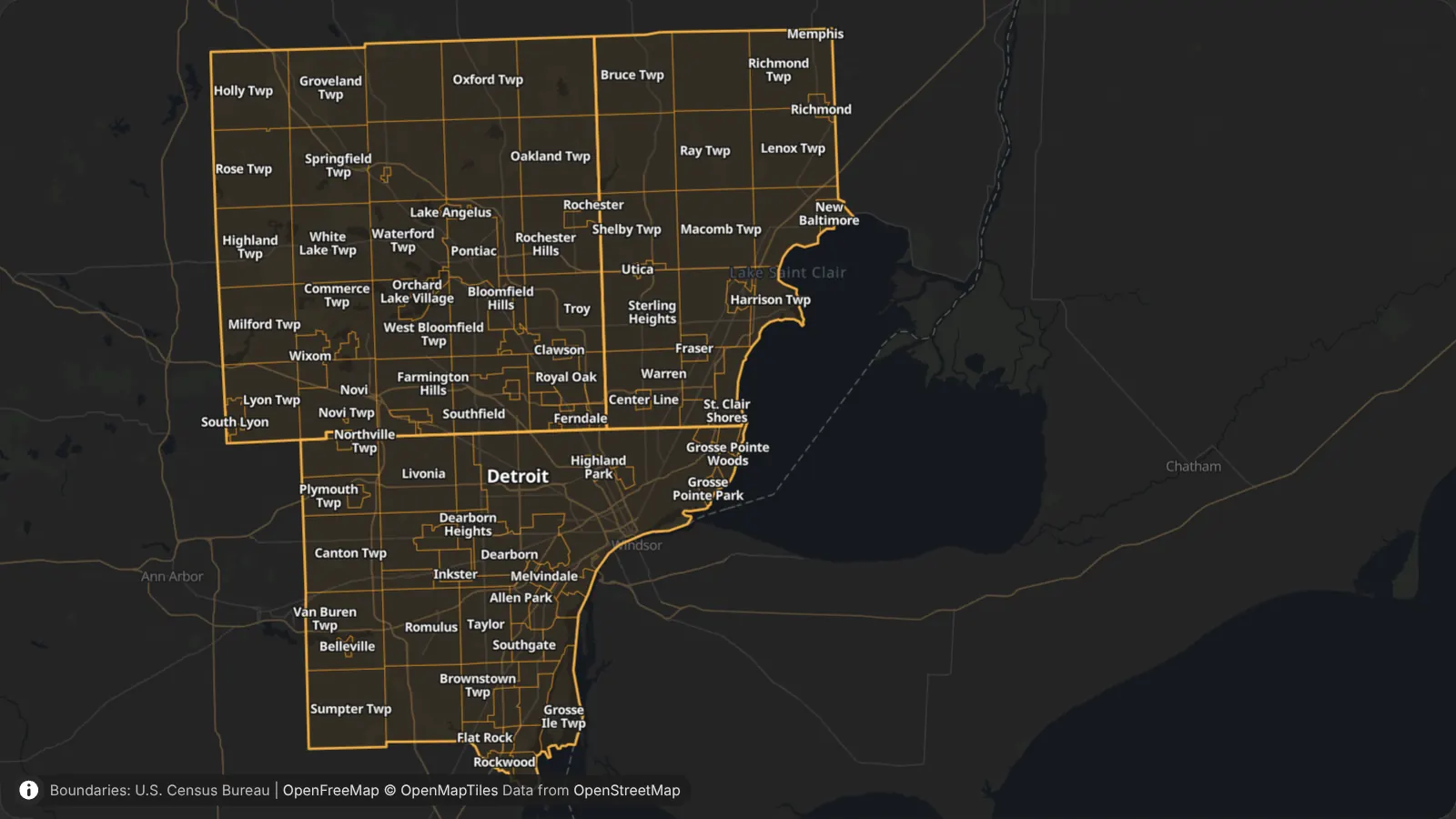 Map of the TowFinder service area: every city and township in Wayne, Oakland and Macomb counties, Michigan